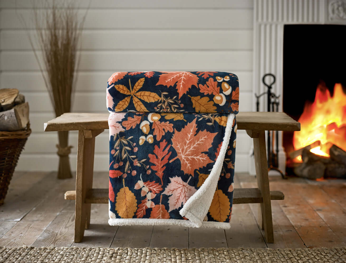 Autumn Leaves Printed Sherpa Fleece Throw