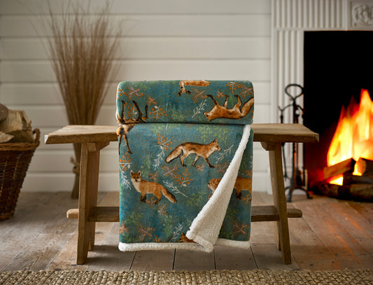 Fox and Deer Green Sherpa Throw
