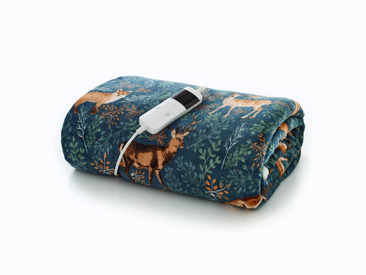 Fox and Deer Teal Heated Sherpa Throw – 140x180cm