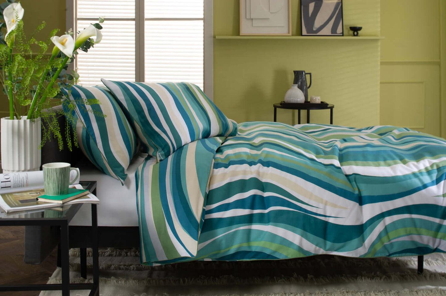 Smith Wave Green Cotton Duvet Set with Fabric Bag