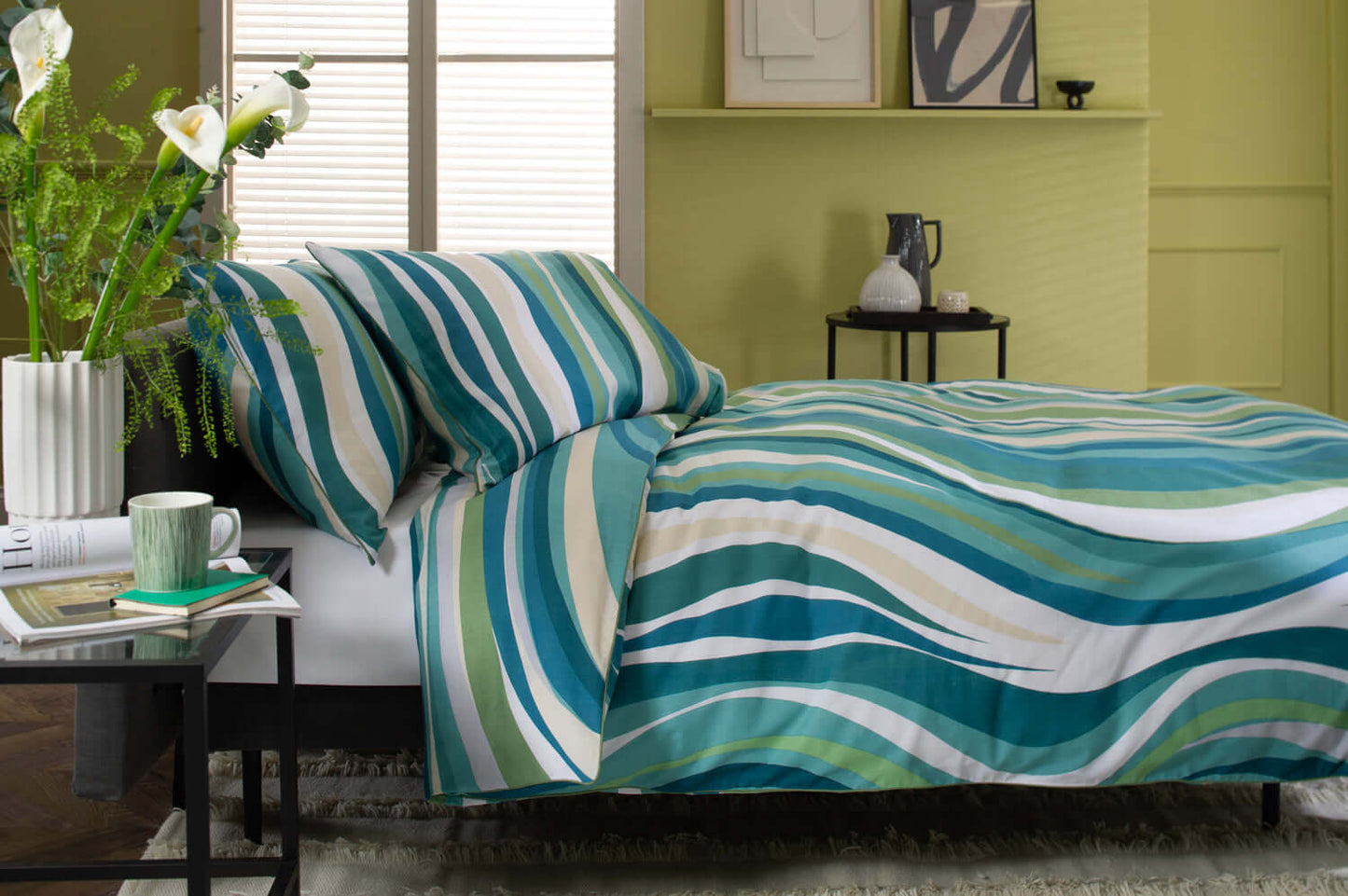 Smith Wave Green Cotton Duvet Set with Fabric Bag