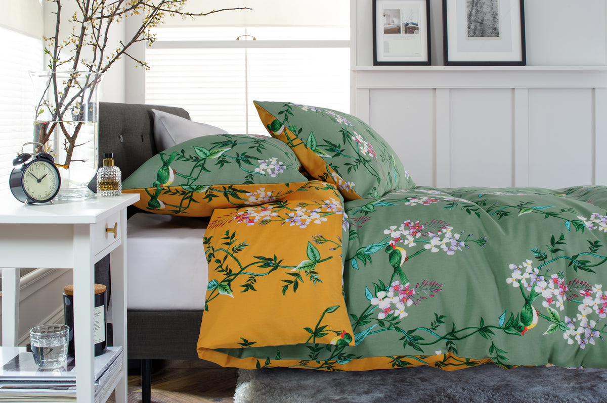 Bird Garden Cotton Rich Duvet Cover Set Sage & Gold