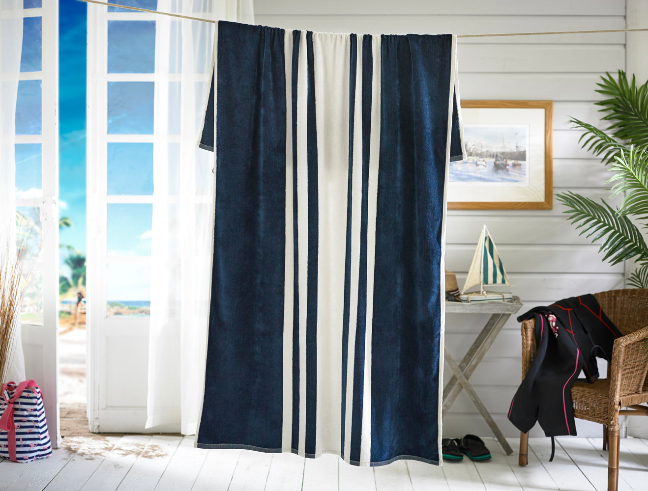 Coastal Stripe Velour 100x180cm Cotton Beach Towel
