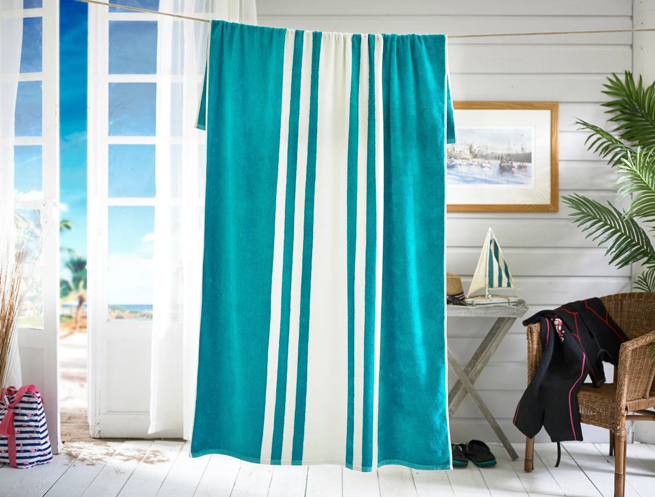 Coastal Stripe Velour 100x180cm Cotton Beach Towel