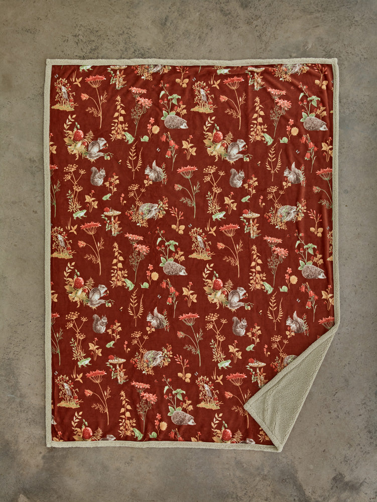 Autumnal Woodland Throw Rust – Sherpa Lined Blanket 130x170cm