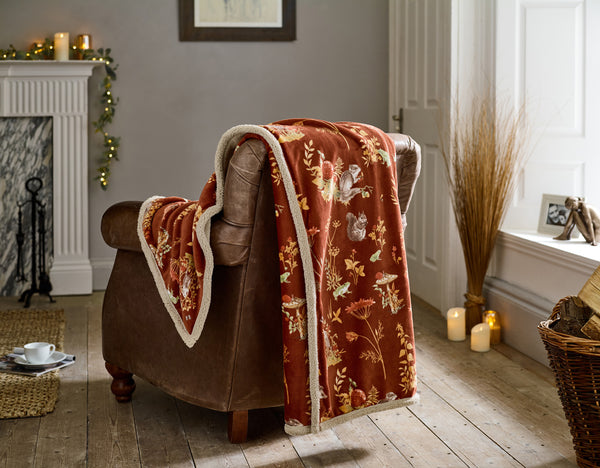Autumnal Woodland Throw Rust – Sherpa Lined Blanket 130x170cm