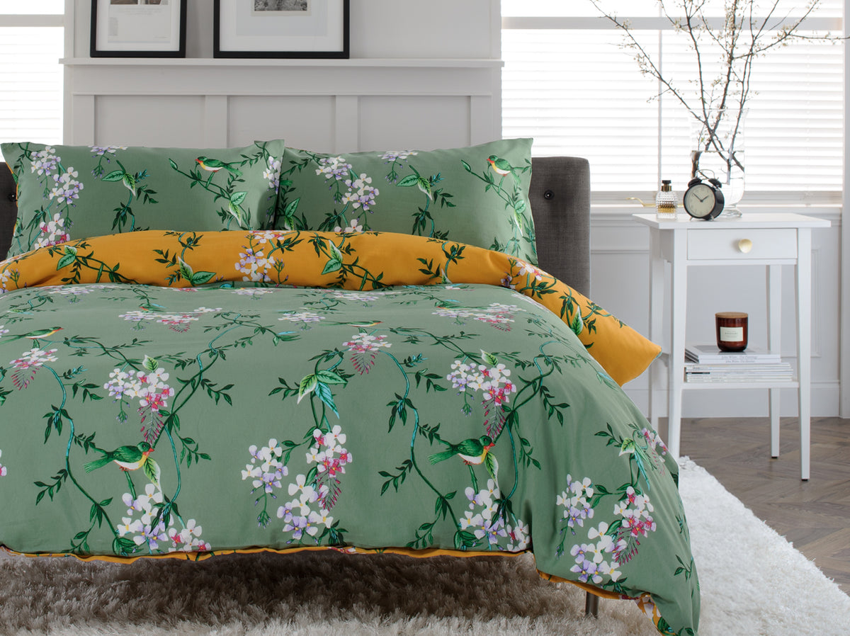 Bird Garden Cotton Rich Duvet Cover Set Sage & Gold