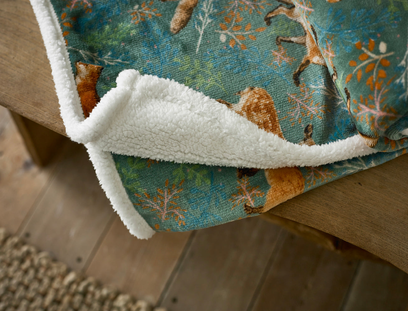 Fox and Deer Green Sherpa Throw