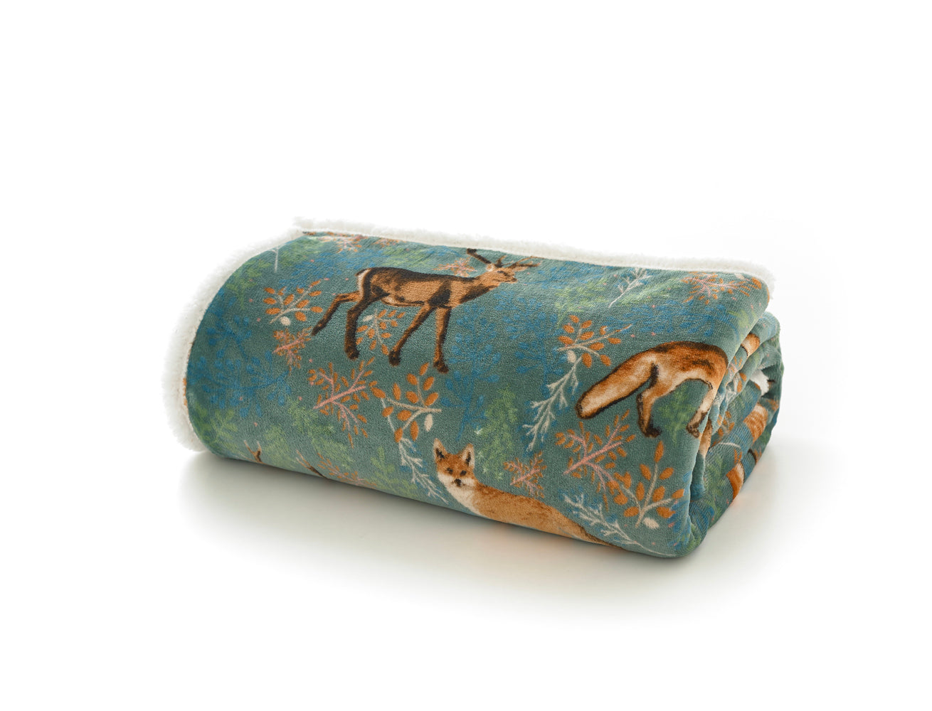 Fox and Deer Green Sherpa Throw