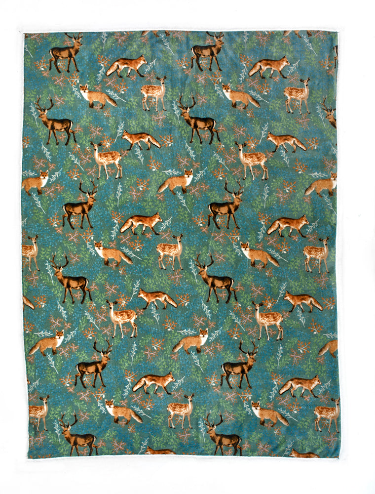 Fox and Deer Green Sherpa Throw