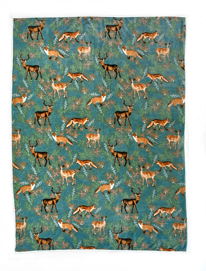 Fox and Deer Green Sherpa Throw