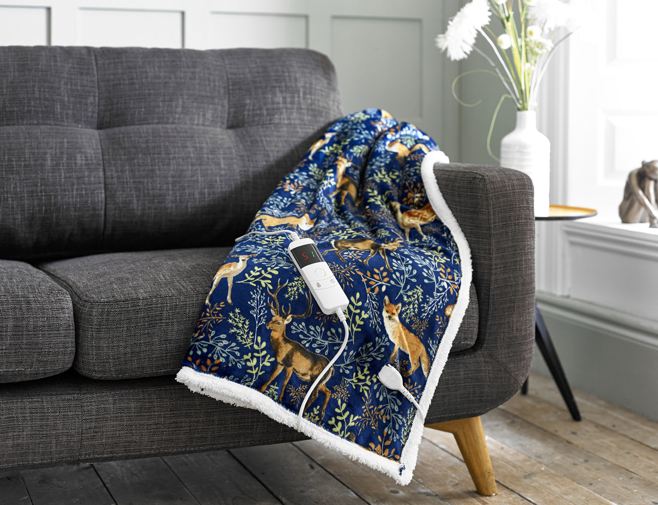 Fox and Deer Navy Printed Fleece Electric Heated 140x180cm Throw