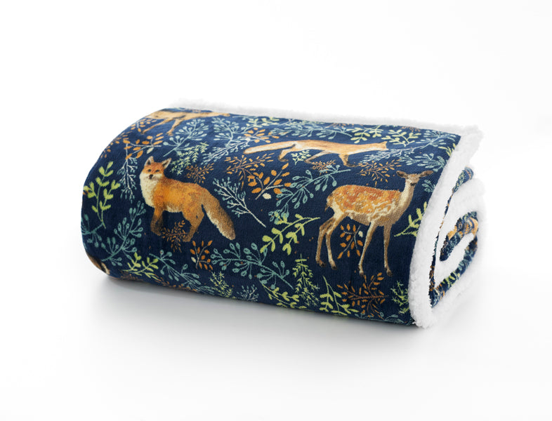 Fox and Deer Navy Sherpa Printed Soft Fleece 140x180cm Throw