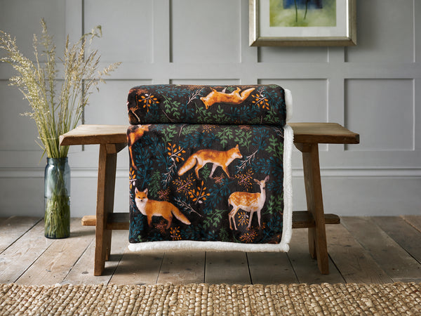 Fox and Deer Chocolate Electric Heated Throw Blanket, Sherpa 140x180cm