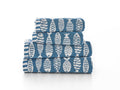 Small Fish towels folded — blue and white fish weave detail