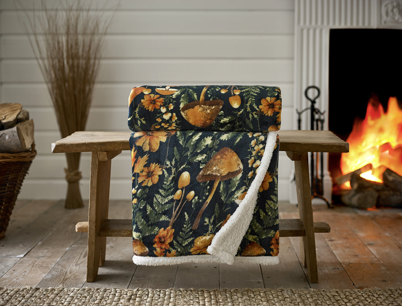 Mushrooms Printed Soft Sherpa Fleece 140x180cm Throw