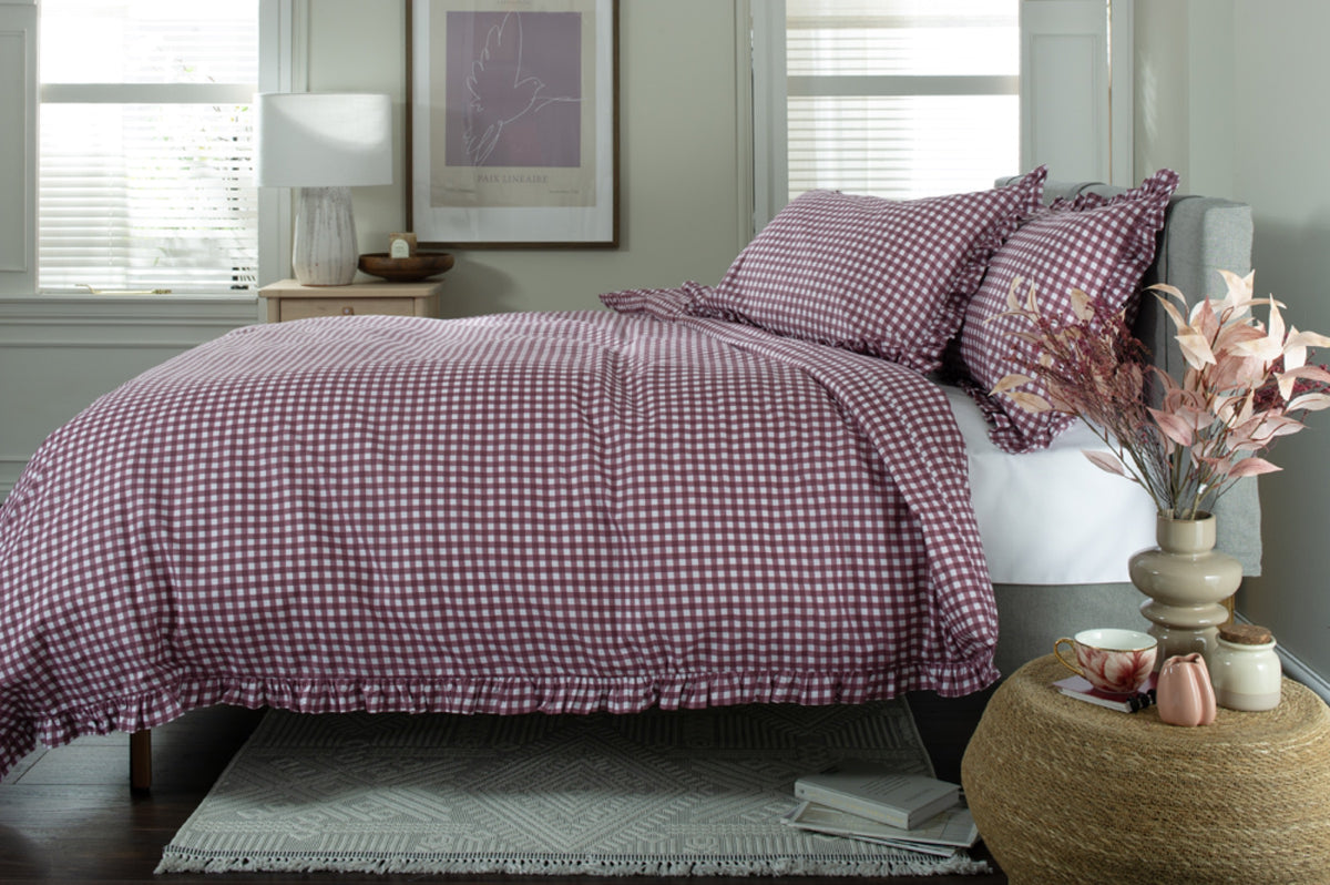 TLC Gingham Frilled Duvet Set Burgundy