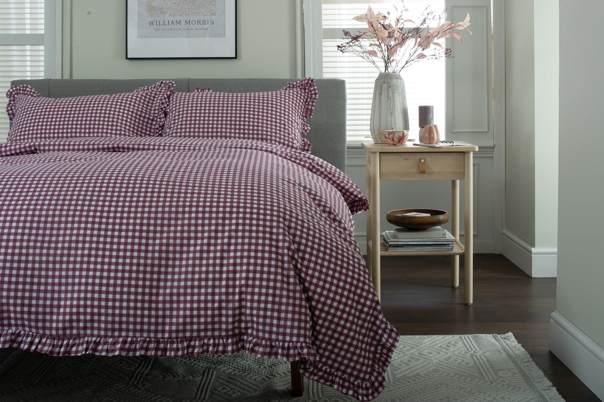 TLC Gingham Frilled Duvet Set - Burgundy