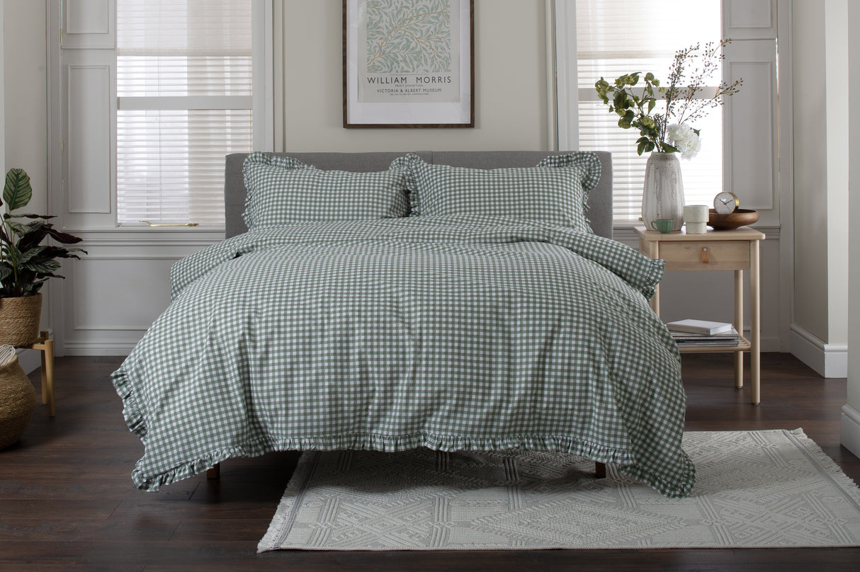 TLC Gingham Frilled Duvet Set - Sage