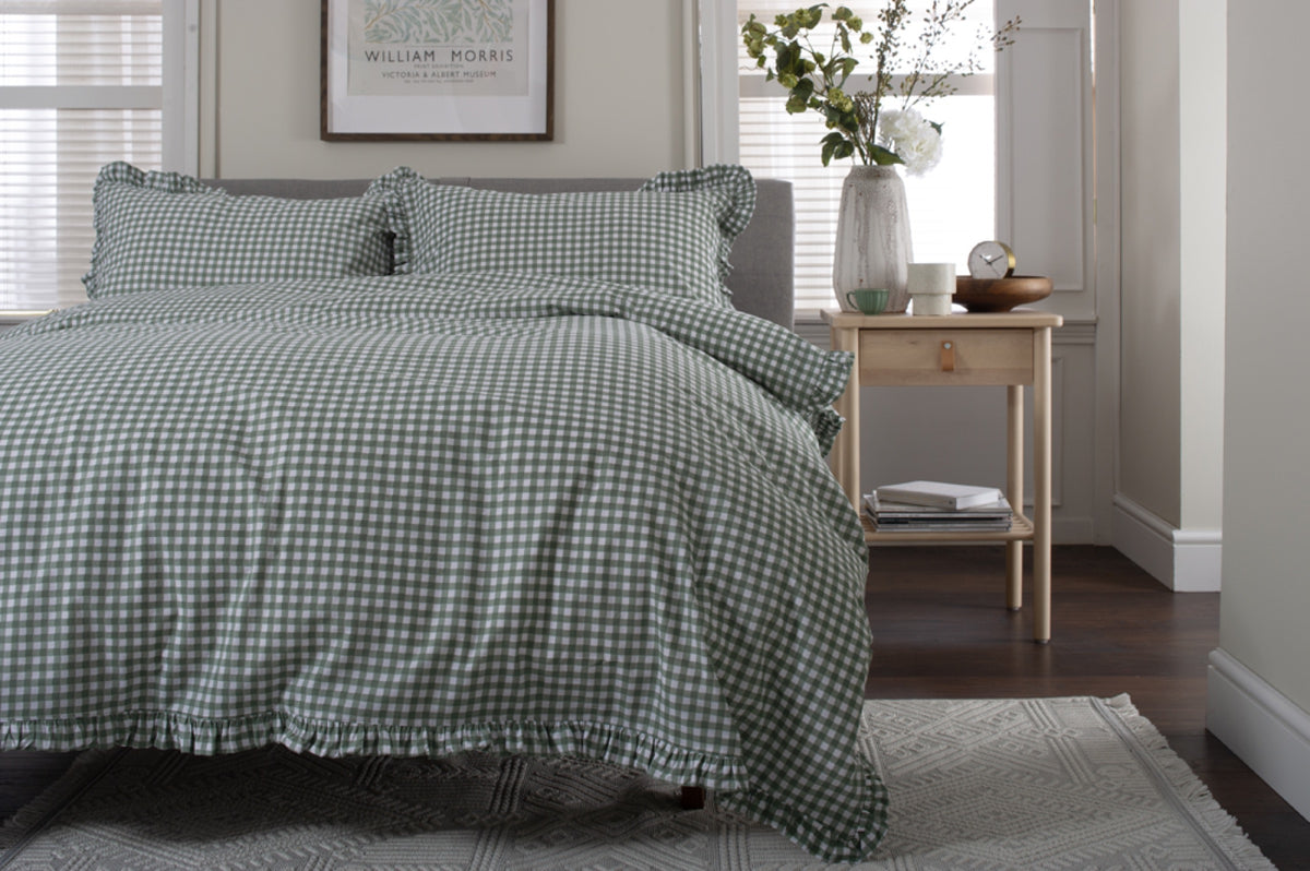 TLC Gingham Frilled Duvet Set Sage