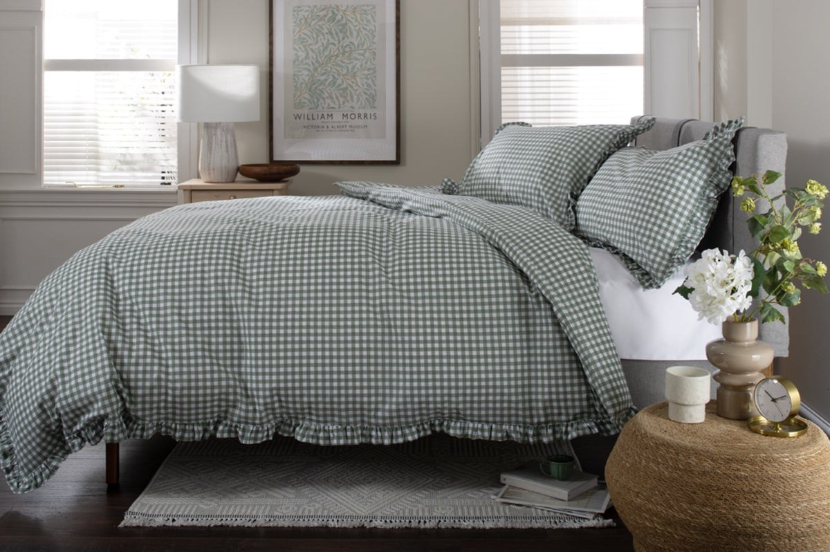 TLC Gingham Frilled Duvet Set Sage