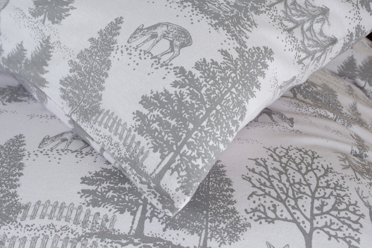 The Lyndon Company Richmond Park brushed cotton duvet set with deer and trees in soft grey