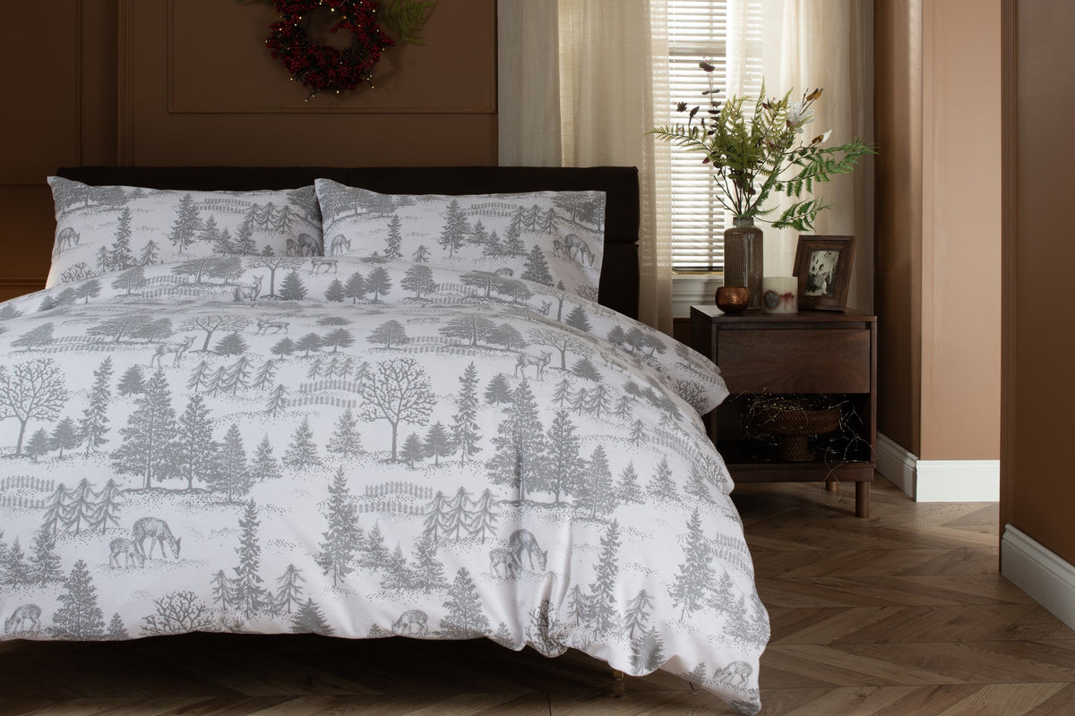 The Lyndon Company Richmond Park brushed cotton duvet set with deer and trees in soft grey