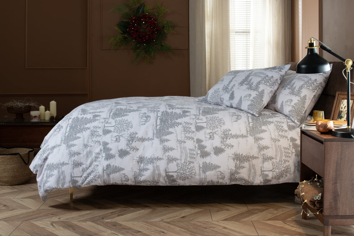 The Lyndon Company Richmond Park brushed cotton duvet set with deer and trees in soft grey
