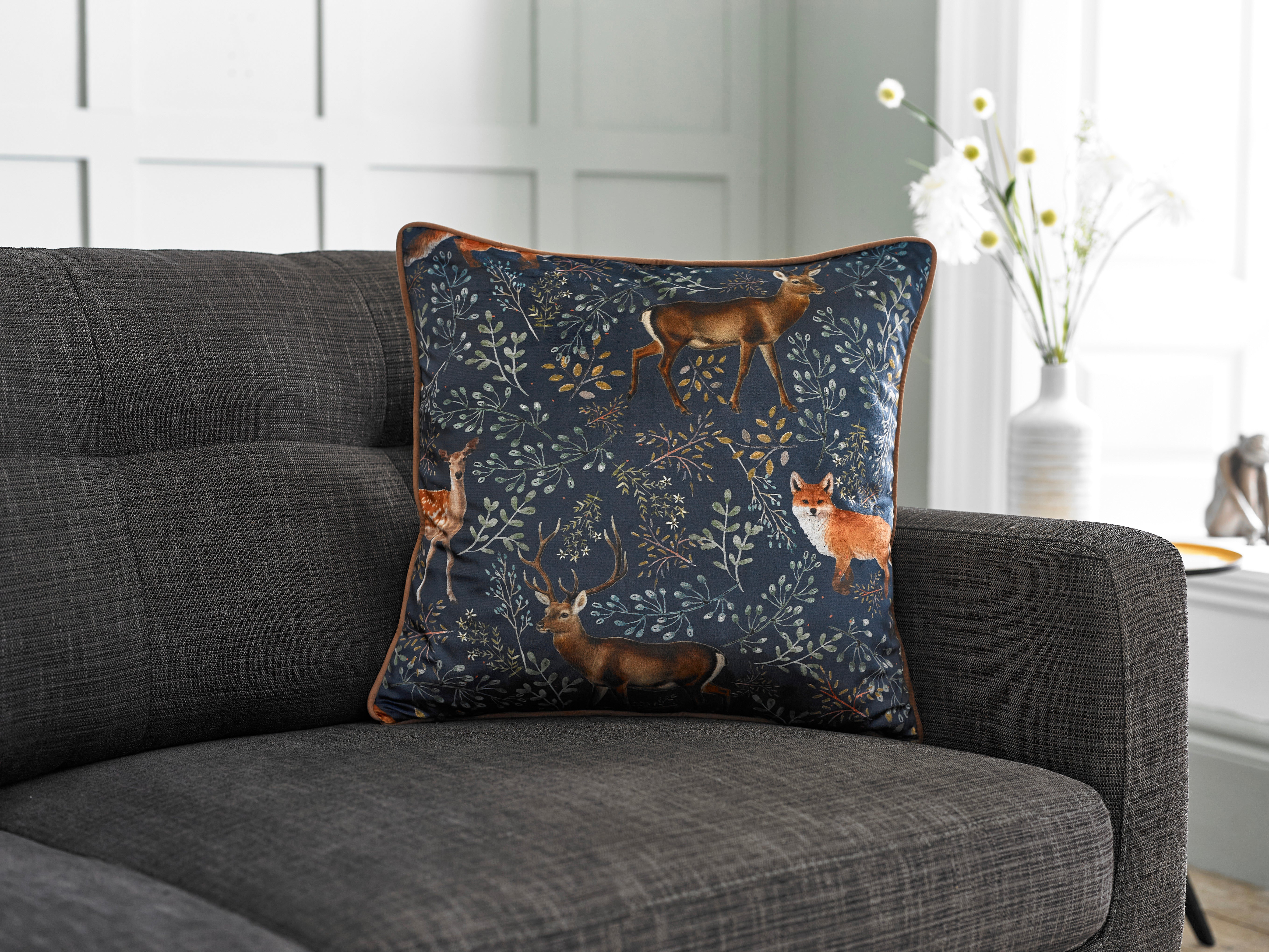 Printed Fox and Deer Large Velvet 50cm X 50cm Cushion Including Cushion Pad