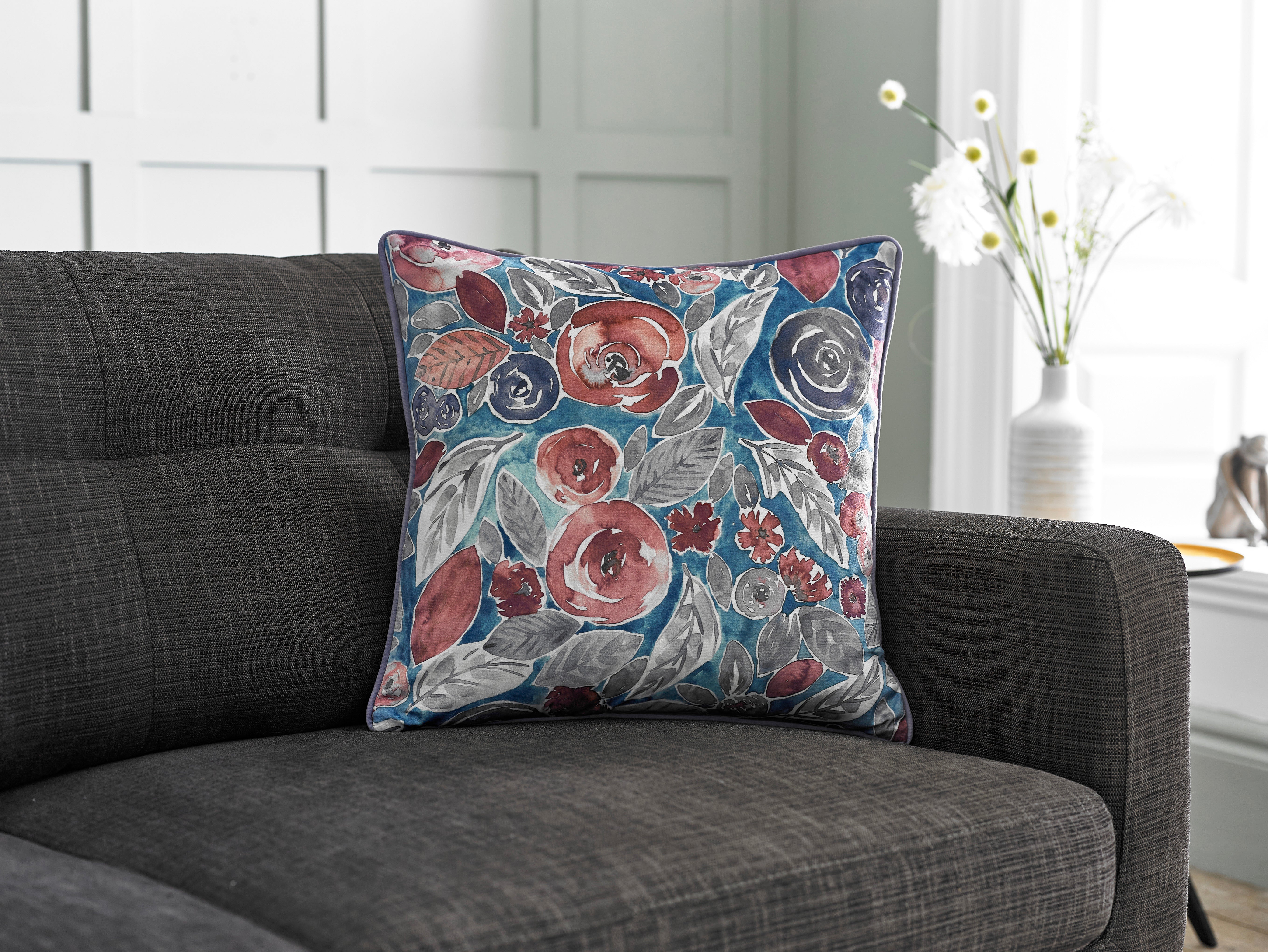 Printed Misty Blue Large Velvet 50cm X 50cm Cushion Including Cushion Pad