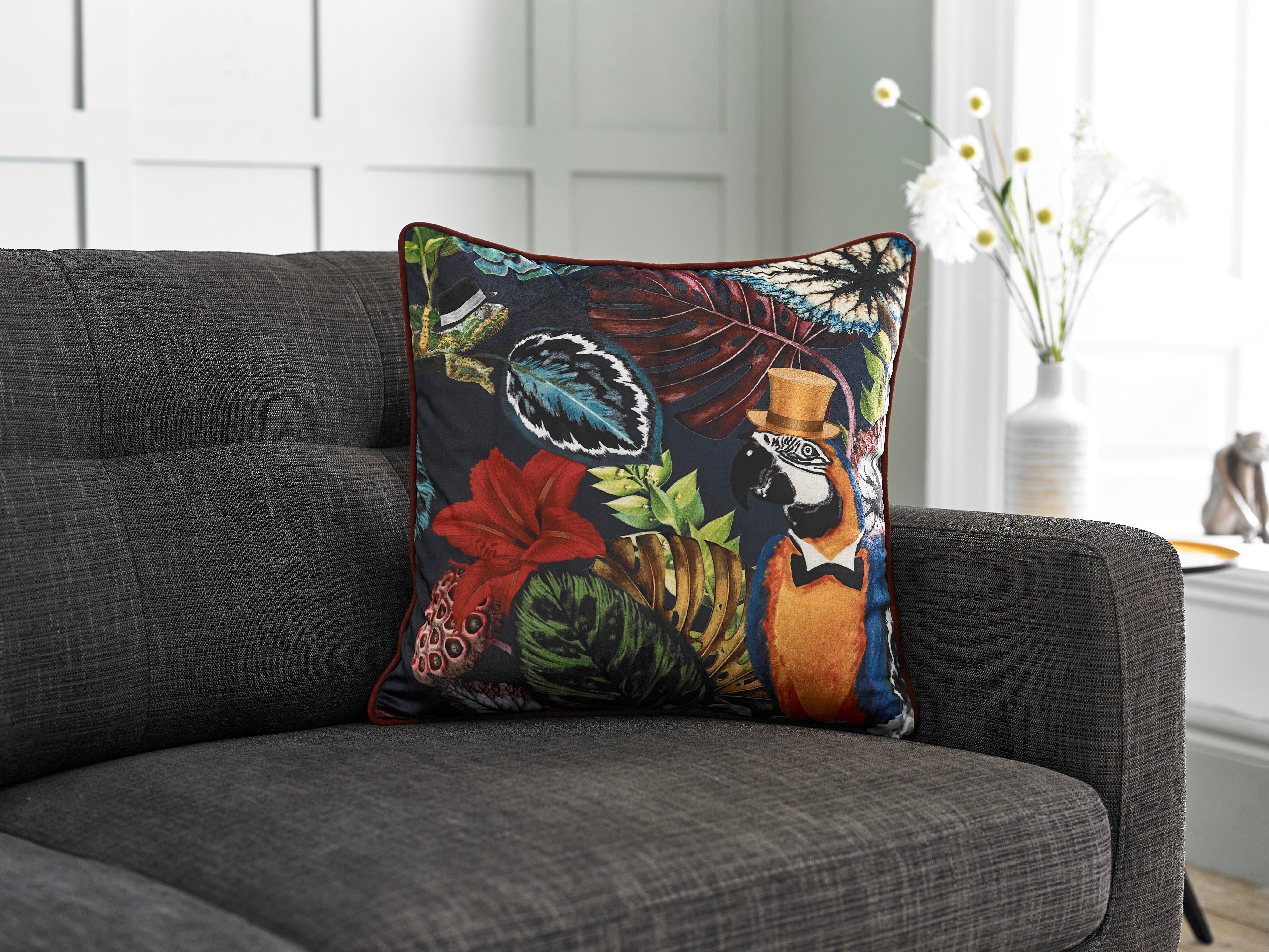 Printed Parrot Large Velvet 50cm X 50cm Cushion Including Cushion Pad