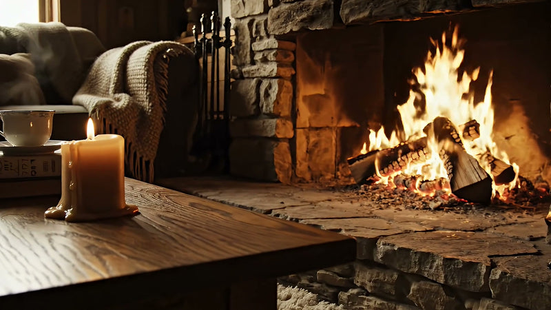 cozy living room with fireplace and throw