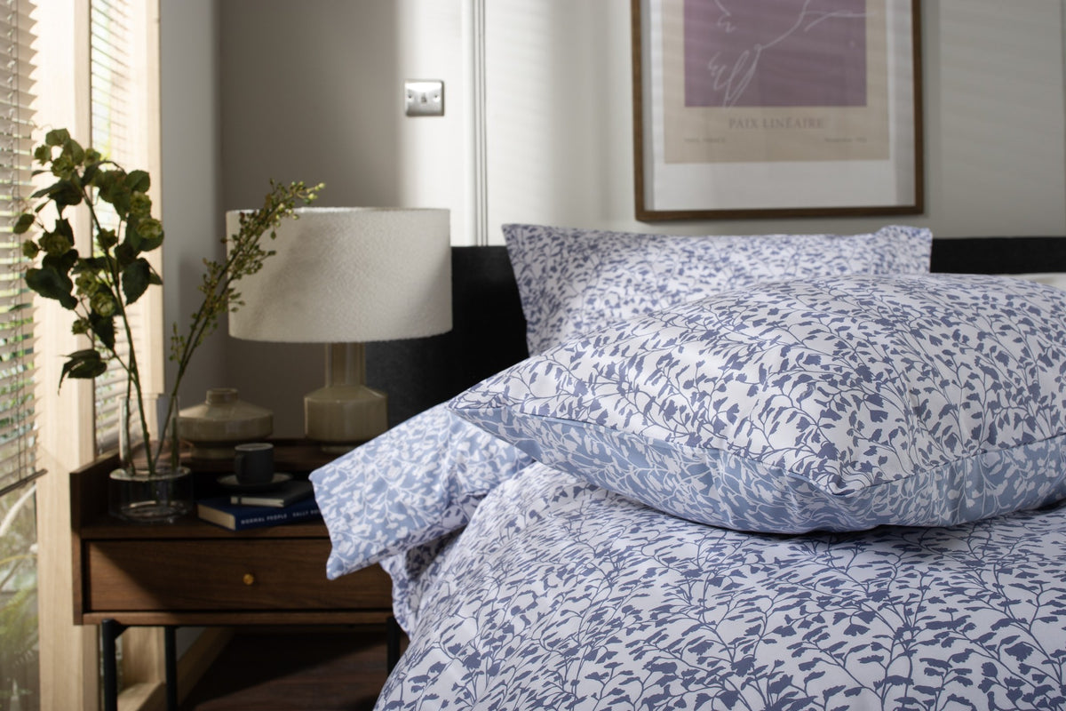 Elsie Leaf Print Duvet Cover Set in Blue, pillow detail