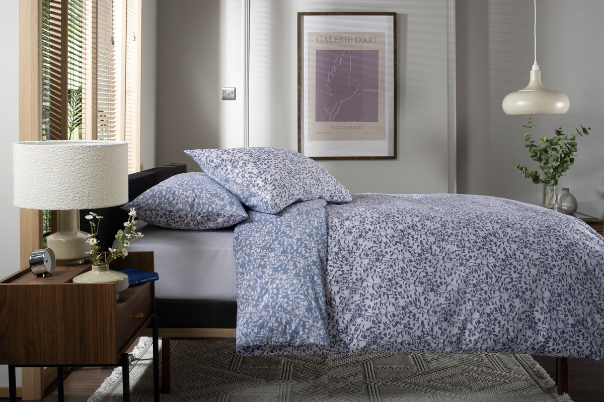 Elsie Leaf Print Duvet Cover Set in Blue, turned back