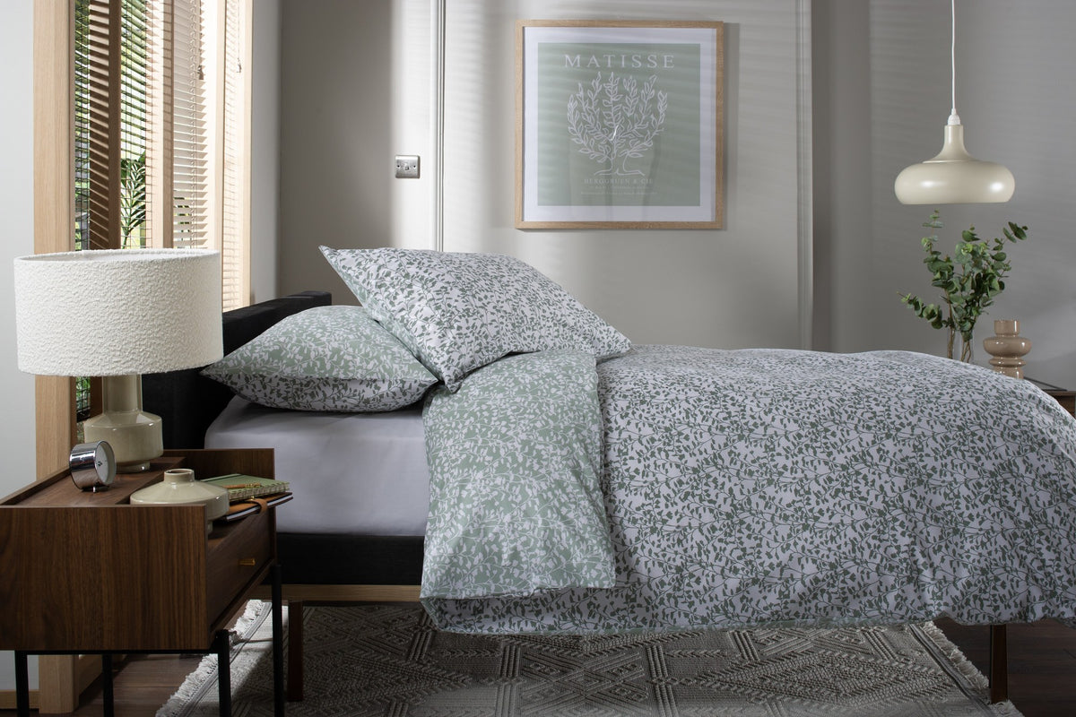 Elsie Leaf Print Duvet Cover Set in Green, turned back