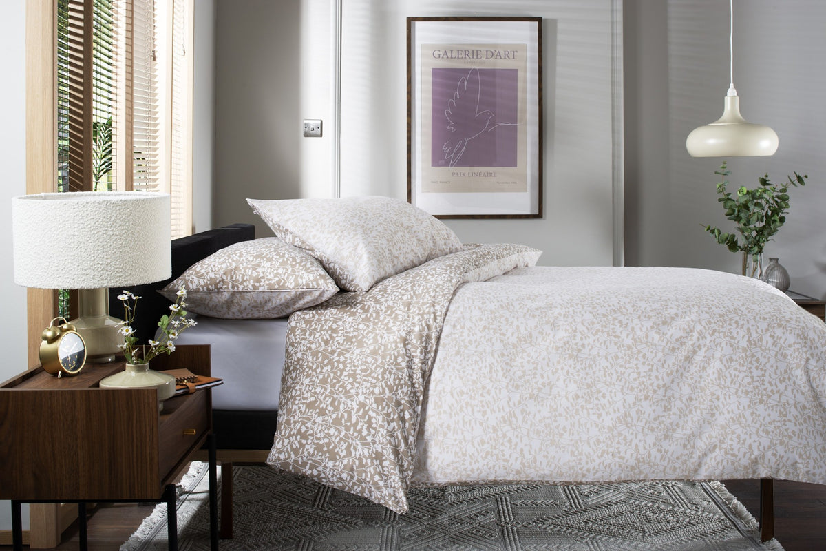 Elsie Leaf Print Duvet Cover Set in Natural, turned back