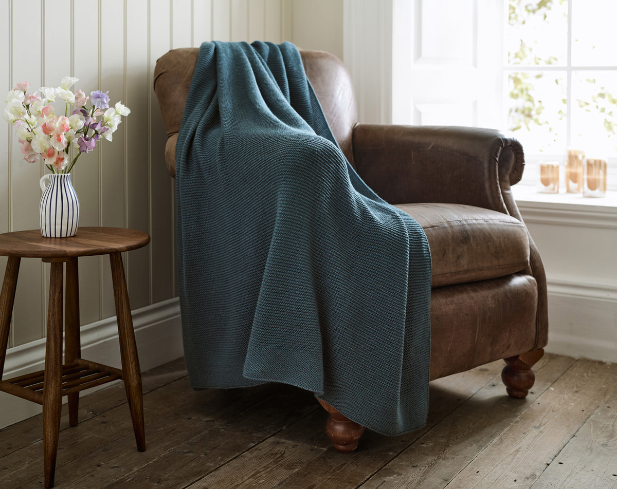 Saunton Stitch Knitted Throw - Sea Blue 03