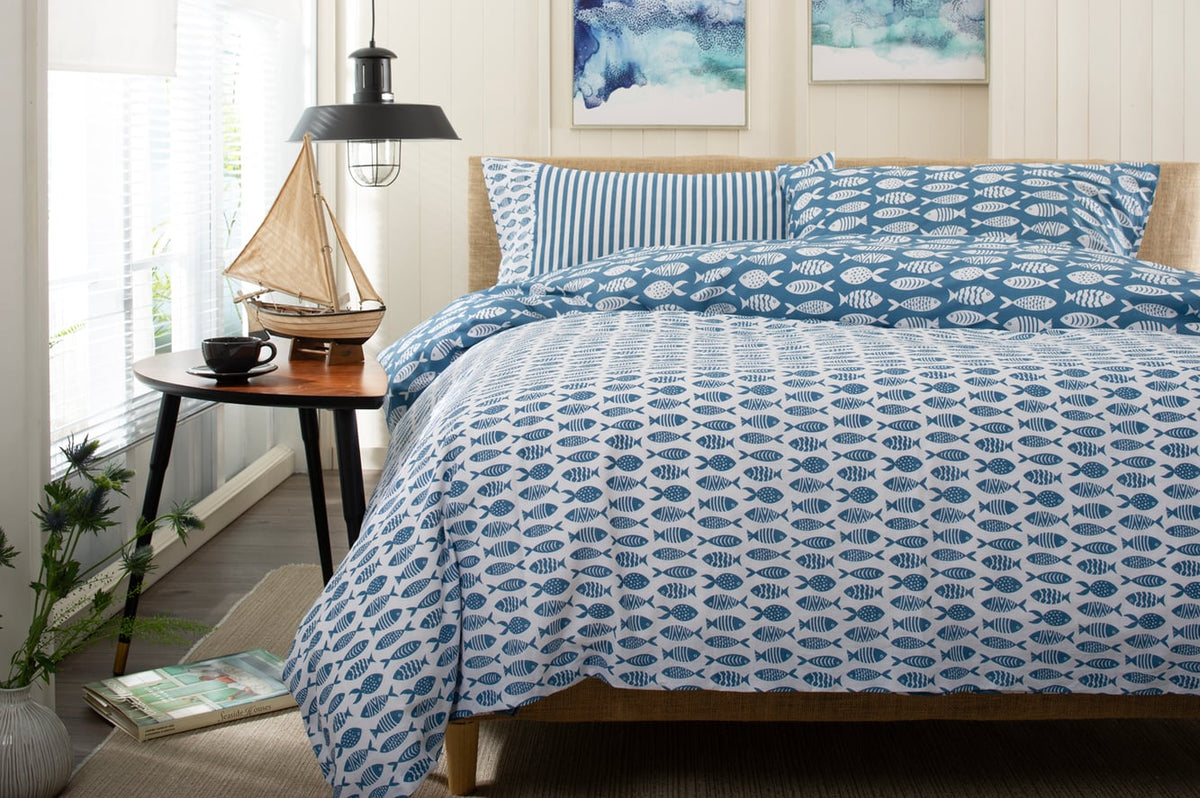 Small Fish Duvet Set — ocean blue fish print on white, stripe reverse pillowcases