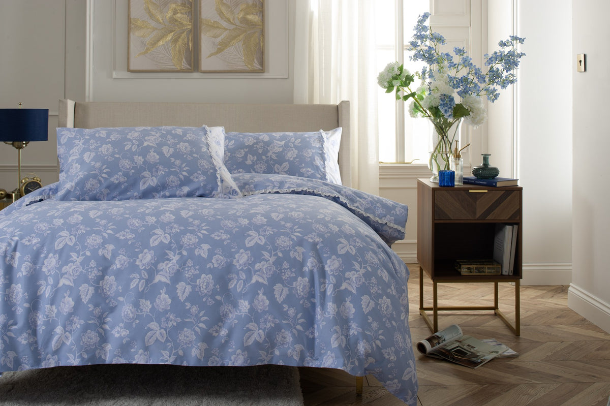 Monique Floral Duvet Set in Blue, half bed