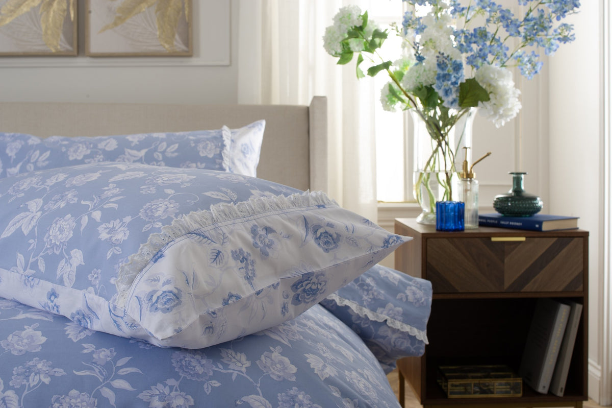 Monique Floral Duvet Set in Blue, pillow detail